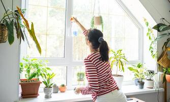 Woman manually washes the window of the house with rag cleaner and mop inside the interior with home plants on windowsill with attic. Restoring order and cleanliness in the spring, cleaning servise photo