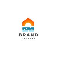 Simple House with Sunrise Beach Scheme Logo Design. Beach View in the Shape of a House Logo Design. vector