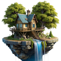 Rustic Floating Cottage with Cascading Waterfall and Tree png