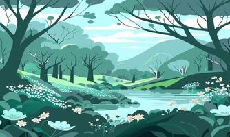 Spring landscape with forest pond, illustration. vector
