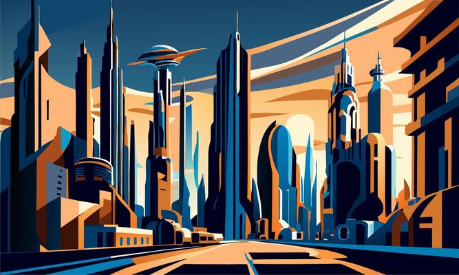 Abstract landscape with futuristic alien buildings.