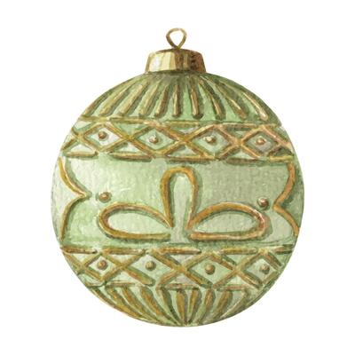 Green and gold glass ball. Hand drawn watercolor winter illustration of Christmas tree ornament with pattern. Seasonal isolated drawing for traditional Xmas graphic and greeting card designs.