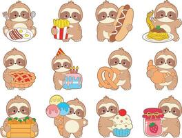 Variation of soth with any fast food and pastry. Cute sloth icon. Funny baby sloth animal series stock illustration. Slow life of fluffy sloth designs. vector