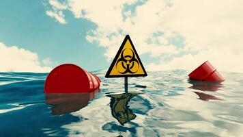 A dangerous place. Design. A blue calm sea with polluting barrels of oil and a danger sign made in computer graphics. video