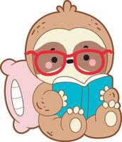 Sloth reading a book with pillow. Twitch emote cute sloth icon. Funny baby sloth animal series stock illustration. Slow life of fluffy sloth designs. vector