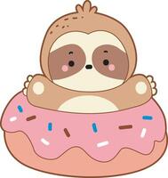 A sloth in the middle of doughnut. Cute sloth icon. Funny baby sloth animal series stock illustration. Slow life of fluffy sloth designs. vector