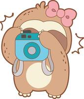 Sloth take a photo with camera. Twitch emote cute sloth icon. Funny baby sloth animal series stock illustration. Slow life of fluffy sloth designs. vector