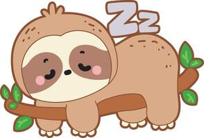 Sloth is sleeping in the branch, Twitch emote cute sloth icon. Funny baby sloth animal series stock illustration. Slow life of fluffy sloth designs. vector