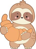 A sloth bring a bread from bakery shop. Cute sloth icon. Funny baby sloth animal series stock illustration. Slow life of fluffy sloth designs. vector