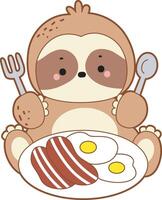 A sloth want to eating bacon and eggs. Cute sloth icon. Funny baby sloth animal series stock illustration. Slow life of fluffy sloth designs. vector