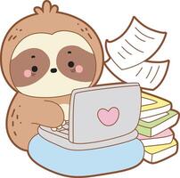 Sloth typing with notepad. Twitch emote cute sloth icon. Funny baby sloth animal series stock illustration. Slow life of fluffy sloth designs. vector