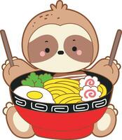 A sloth want to eating ramen with chopstick. Cute sloth icon. Funny baby sloth animal series stock illustration. Slow life of fluffy sloth designs. vector
