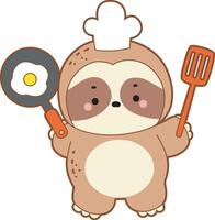 A sloth with chef hat and bring spatula and pan. Cute sloth icon. Funny baby sloth animal series stock illustration. Slow life of fluffy sloth designs. vector