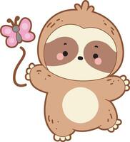 Sloth playing with butterfly. Twitch emote cute sloth icon. Funny baby sloth animal series stock illustration. Slow life of fluffy sloth designs. vector