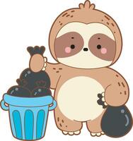 Sloth is throw a garbage in the trash.Twitch emote cute sloth icon. Funny baby sloth animal series stock illustration. Slow life of fluffy sloth designs. vector