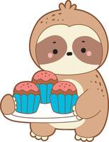 A sloth bring a three cupcakes. Cute sloth icon. Funny baby sloth animal series stock illustration. Slow life of fluffy sloth designs. vector