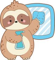 Sloth is cleaning the window with wipe and spray. Twitch emote cute sloth icon. Funny baby sloth animal series stock illustration. Slow life of fluffy sloth designs. vector