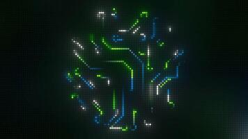 Black background with flashing lines of circles. Motion. Green, white and blue lines in the animation that run in different directions. video