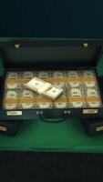 3D animation of suitcases with money. Animation. Illegal suitcases with money on green game table. Suitcases with dollars in criminal or gambling activity video