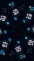 Animation of seamless loop. Animation. Abstract animation of multicolored neon social media network emojis icons rotating in spiral on the black background. video