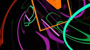 Black background with multicolored swirling stripes. Design. Bright lines creating various patterns develop as if in the wind in abstraction. video
