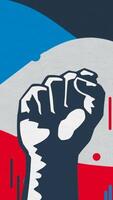 Close up of abstract cartoon animation fist raised in front of waving background with stripes. Media. Concept of revolution. Vertical . video