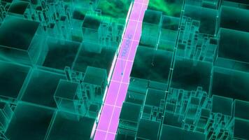 The effect of surveillance in animation. Design.A green road made of large squares with a moving dot on a purple road. video