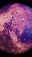 3D beautiful planet rotating surrounded by endless dark space. Animation. Colorful spinning unknown planet isolated on black background, seamless loop. video