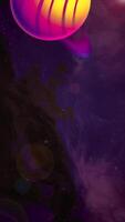 Abstract purple cosmic background with slowly flowing planet. Media. Saturn with rings and space clouds. Vertical . video