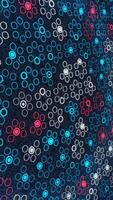 Moving blue and red mosaic on a dark background with grain effect. Media. Small mosaic flickering on digital screen. Vertical . video