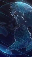 Beautiful Earth hologram in rotation. Media. Cyberspace structure around globe, futuristic business and technology concept. Vertical . video