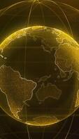 Beautiful golden Earth hologram in rotation surrounded by bigger sphere of connected lines. Media. Cyberspace structure around globe. Vertical . video