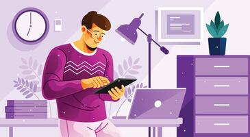Male using Tablet and Laptop on Workspace vector