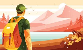 Hiker with Backpack Walking Mountain Climbing vector
