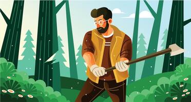 Lumberjack Cuts Down Trees in the Forest vector