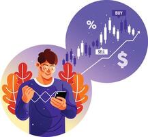 Investor using Stock Trading App on Smartphone vector