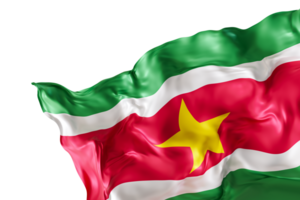 Realistic flag of Suriname with folds, on transparent background. Footer, corner design element. Cut out. Perfect for patriotic themes or national event promotions. 3D render. png