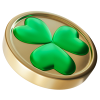 Golden coin featuring shamrock, symbolizing St. Patrick's Day and theme of luck. Smooth, glossy green clover design in center, celebrating Irish heritage and the festive spirit of the holiday png