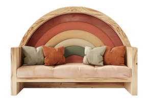Stylish wooden kids sofa with rainbow arch backrest in earthy tones, on transparent background. Bohemian, boho style. Children room furniture. Cut out couch. Front view. png