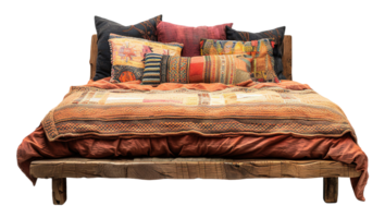 Cozy Boho style bed with vibrant, ethnic-patterned blankets and array of decorative pillows in rich colors. Double bed on transparent background. Cut out furniture. Front view. png