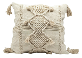 Beige bohemian decorative throw pillow with intricate macrame patterns, on transparent background. Detailed texture and neutral color. Front view. png