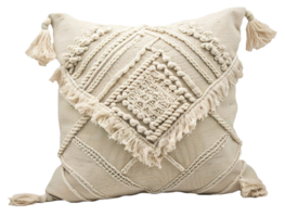 Beige bohemian decorative throw pillow with intricate macrame patterns, on transparent background. Detailed texture and neutral color. Cut out home decor, textile. Front view. png