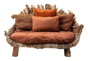 Cozy, handcrafted rustic sofa made from intertwined natural wood and woven materials, featuring earthy-toned cushions in shades of brown and orange. Unique furniture piece, front view. png
