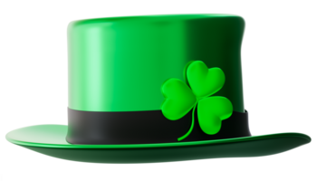 Green St. Patrick's Day hat, adorned with black band and green shamrock. On transparent background. Glossy, festive hat is a symbol of Irish heritage. Cut out design element. 3D render. png