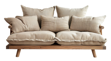Cozy beige fabric sofa with wooden frame featuring multiple soft, oversized cushions for ultimate comfort. Natural wood accents, neutral color. On transparent background. Front view. png