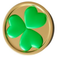 Golden coin featuring shamrock, symbolizing St. Patrick's Day and theme of luck. Smooth, glossy green clover design in center, celebrating Irish heritage and the festive spirit of the holiday. 3D. png