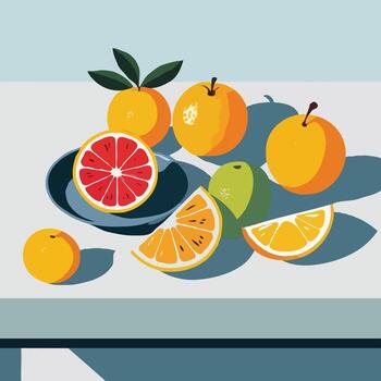 Table with oranges and lemons on it vector