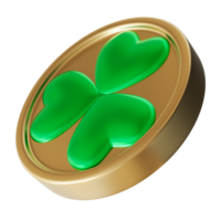 Coin featuring shamrock, symbolizing St. Patrick's Day and theme of luck. Smooth, glossy green clover design in center, celebrating Irish heritage and the festive spirit of the holiday. 3D. png