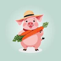 pig with carrot and straw hat vector