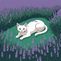 White cat laying in a field of lavender flowers vector